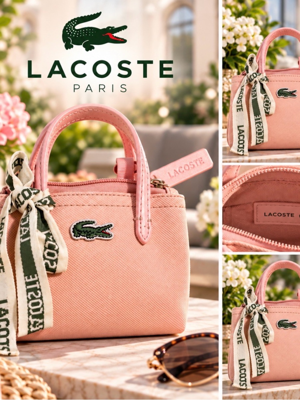 LACOSTE- Pink Mini Tote Bag with Branded Scarf Accent